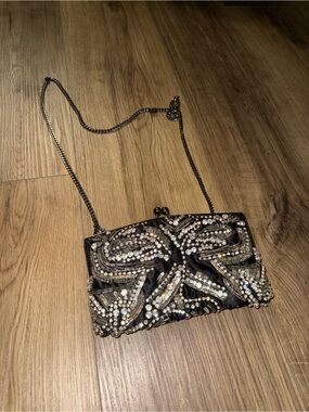 Kate Landry Black Beaded Evening Clutch with Silver Rhinestones